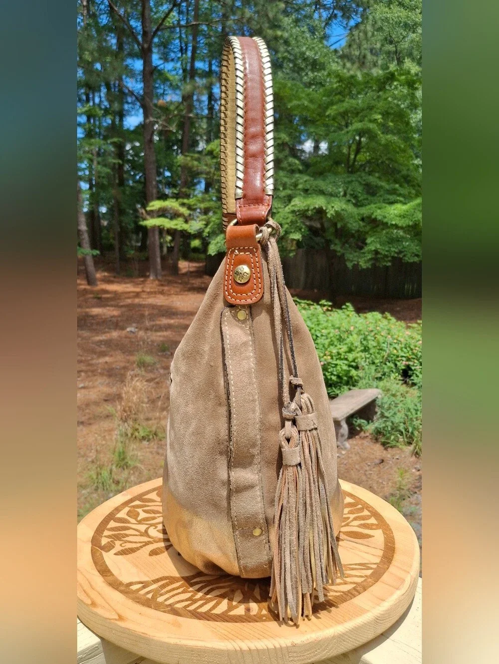 Patricia Nash Gold Ombre Tan Suede Tassel Whipstitch Leather Hobo Bag - Picture 6 of 14
